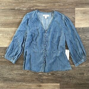 Liz Claiborne Soft Denim Tencel Peplum Top Blue 3/4 Puff Sleeve Small New